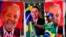 FILE - A demonstrator dressed in the colors of the Brazilian flag stands in front of towels for sale featuring Brazilian presidential candidates current President Jair Bolsonaro, center, and former President Luiz Inacio Lula da Silva, in Brasilia, Brazil, Sept. 27, 2022. 
