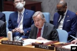 FILE - United Nations Secretary-General Antonio Guterres speaks during a Security Council meeting on situation in Ukraine, Sept. 22, 2022 at United Nations headquarters.