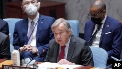 United Nations Secretary-General Antonio Guterres speaks during a Security Council meeting on situation in Ukraine, Sept. 22, 2022 at United Nations headquarters.
