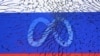 Логотип компанії Meta на фоні російського прапора крізь розбите скло