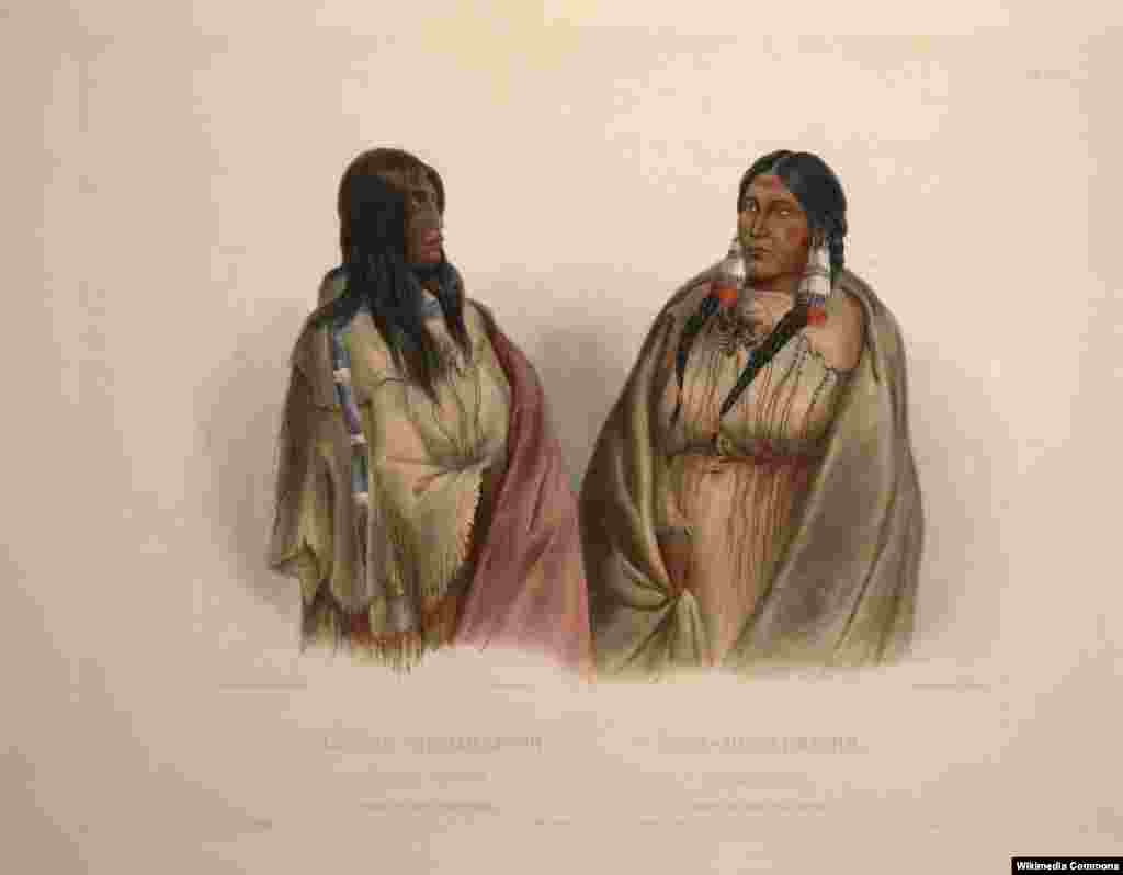 Aquatint portraits of a Shoshone (L) and a Cree woman who wears traditional facial tattoos. by Karl Bodmer, ca. 1832-34.