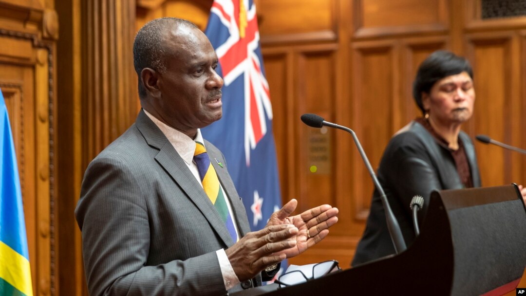 Solomon Islands Foreign Minister Jeremiah Manele, left, and New Zealand Foreign Minister Nanaia Mahuta during their joint media conference at Parliament in Wellington, New Zealand, Oct. 4, 2022. 
