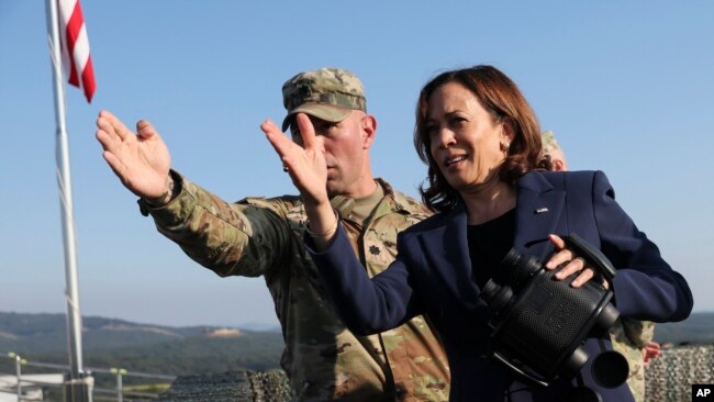 U.S. Vice President Kamala Harris stands at military observation post as she visits the demilitarized zone (DMZ) separating the two Koreas, in Panmunjom, South Korea, Sept. 29, 2022.