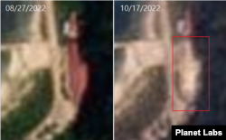 '고성항 횟집'을 촬영한 지난 8월 27일 자 위성사진(왼쪽)과 이달 17일 모습(오른쪽). 8월과 달리 이달(사각형 안)엔 갈색 지붕이 사라지고 콘크리트 색깔만을 드러내고 있다. 자료=Planet Labs