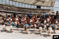 Men from Swaziland perform a dance perform a dance at the King Misuzulu Zulu's coronation at the Moses Mabhida Stadium in Durban, Oct. 29, 2022.