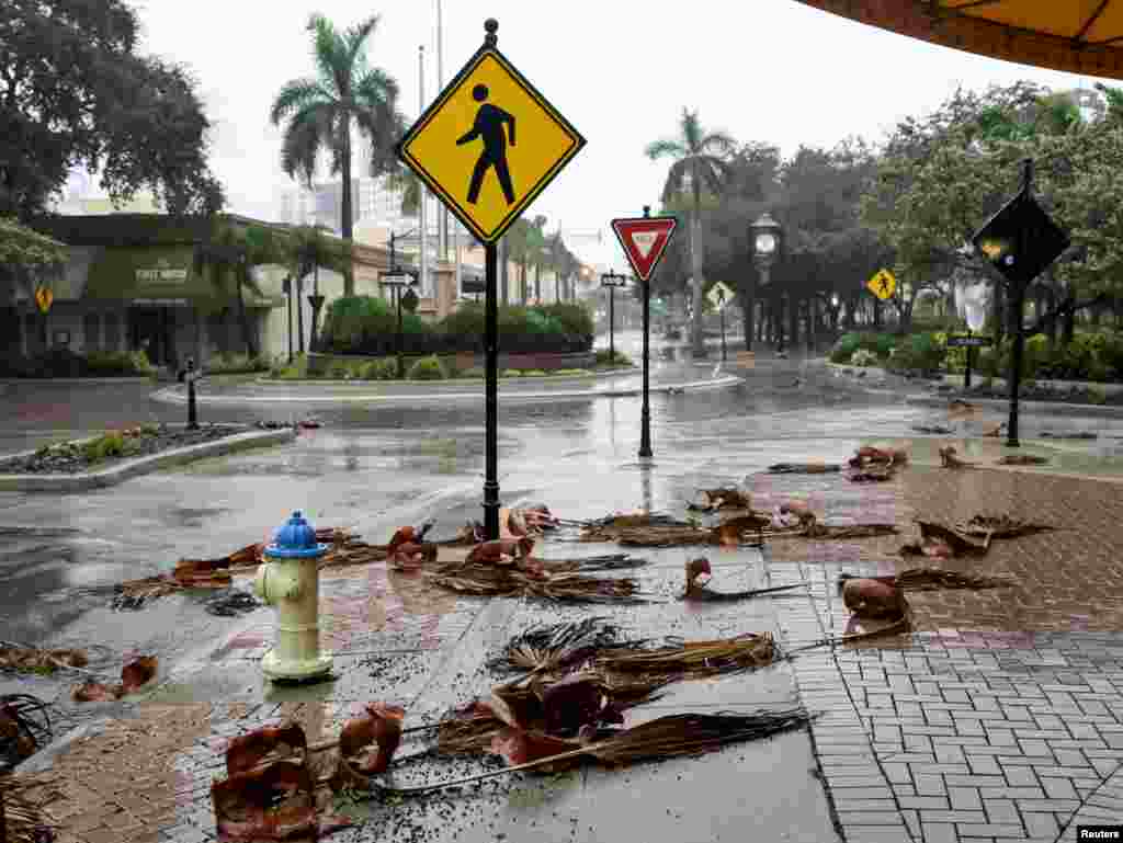 Las hojas de palma caídas se acumulan en una intersección vacía del centro cuando al paso del huracán Ian por Sarasota, Florida, el 28 de septiembre de 2022.