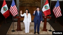Peru's President Keiko Fujimori and U.S. Secretary of State Marco Rubio gestures as they address the media, in Lima, Peru, September 10, 2026.