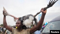 A protester carries a Marabou stork during a demonstration following the announcement of the results of Kenya's presidential election, in Kisumu, August 15, 2022. (James Keyi/Reuters)