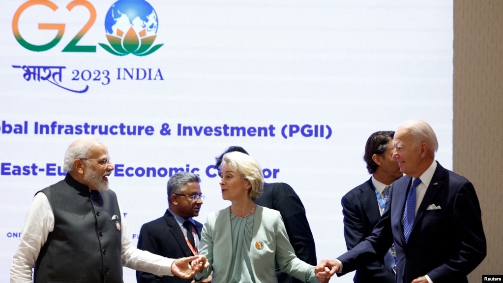 资料照片：美国总统拜登、印度总理莫迪和欧盟主席·冯德莱恩出席 2023 年 9 月 9 日在印度新德里举行的 G20 峰会。(photo:VOA)