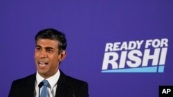 FILE - British Conservative Party member Rishi Sunak launches his campaign for the party's leadership, in London, July 12, 2022.. He was defeated by Liz Truss, whose term lasted less than two months, opening a new election Monday that he won. 