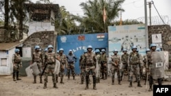 Soldiers of the U.N. peacekeeping mission MONUSCO take position in front of a U.N. base in Goma, in the North Kivu province of the Democratic Republic of Congo, July 26, 2022.
