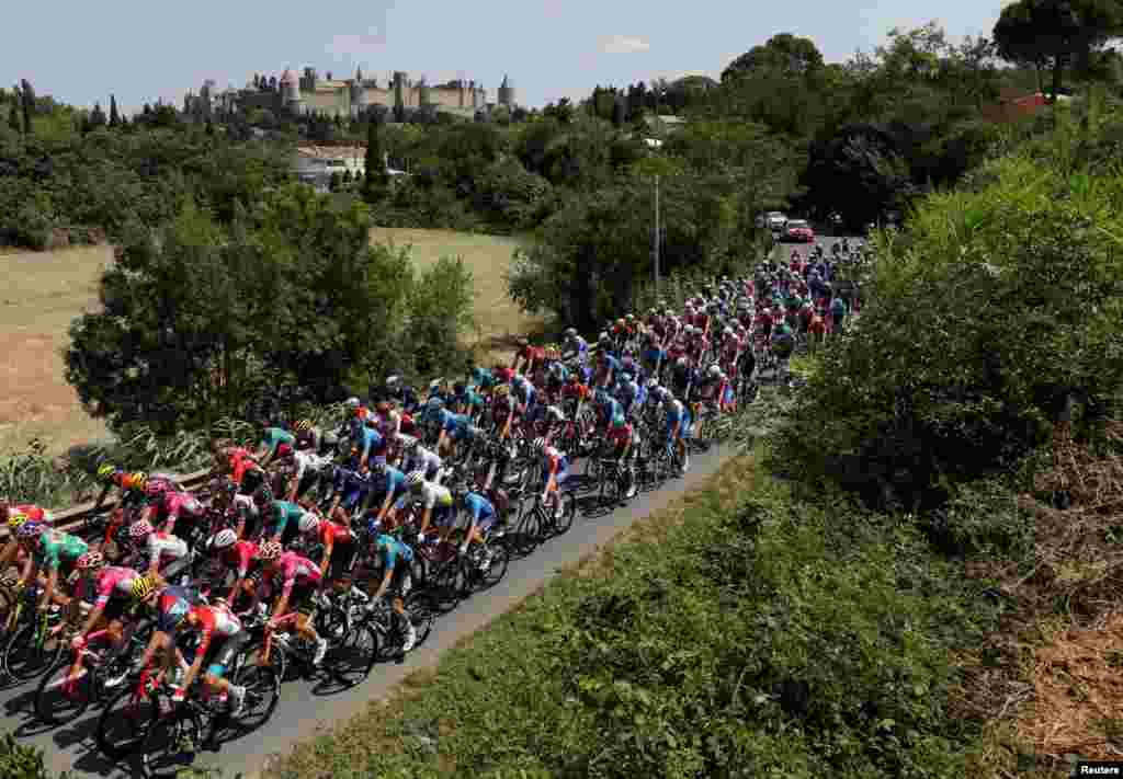 Competitors are seen during the 16th stage of the Tour de France cycling race, which covers&nbsp; 178.5 kilometers, with the start in Carcassonne and the finish in Foix, France.&nbsp;