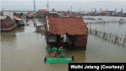 Aktivis lingkungan menggelar aksi keprihatinan di tengah bencana rob dan tenggelamnya pesisir Jawa Tengah. (Foto: Dok Walhi Jateng)