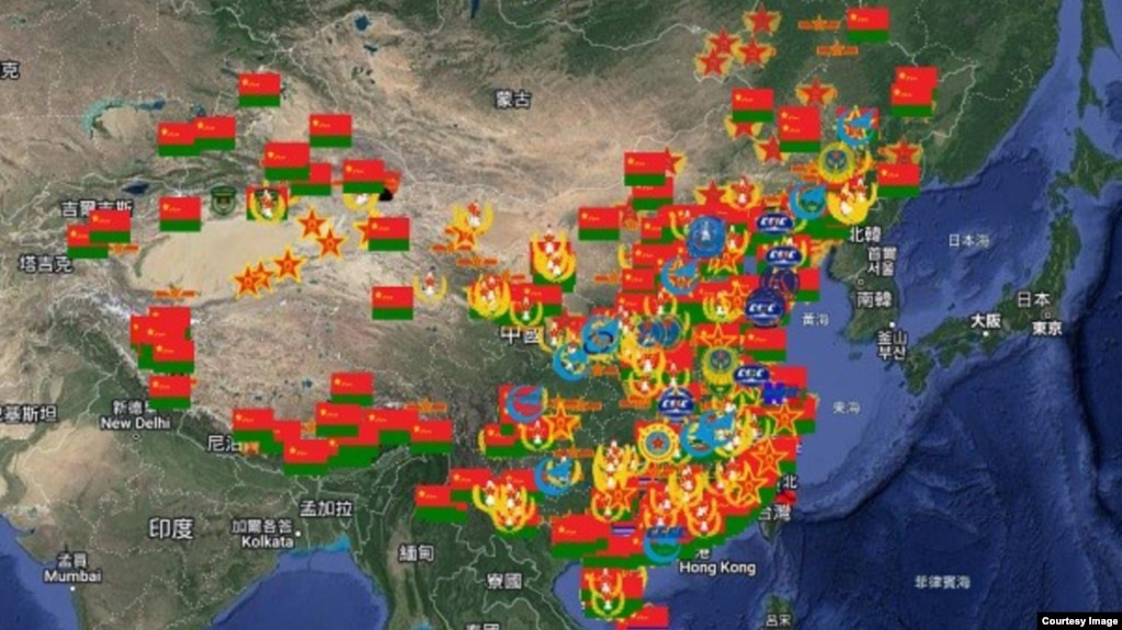 台生温约瑟以一己之力绘制的'中国人民解放军基地及设施'互动地图（照片提供:温约瑟)(photo:VOA)