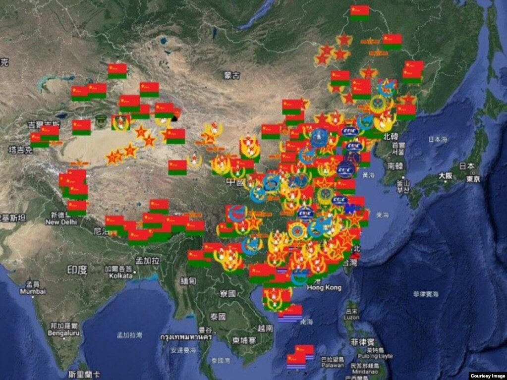 台生温约瑟绘制的'中国人民解放军基地及设施'互动地图（照片提供:温约瑟)(photo:VOA)