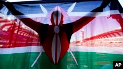 FILE: A fan of Kenya holds up the nation's flag during the final in the women's 5000-meter run the World Athletics Championships, July 23, 2022, in Eugene, Ore.
