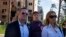 U.S. House Armed Services Committee Chairman Rep. Adam Smith, center, Rep. Mikie Sherrill, right, and Rep. Michael Waltz, look at houses destroyed by Russian shelling in Irpin, on the outskirts of Kyiv, Ukraine, July 23, 2022.