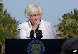 Menteri Keuangan AS Janet Yellen berbicara dalam konferensi pers di Nusa Dua, Bali, Kamis, 14 Juli 2022. (Foto: via AP)