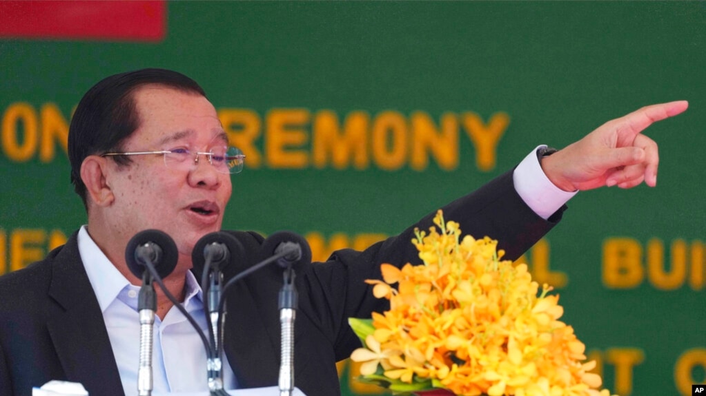FILE - Cambodian Prime Minister Hun Sen speaks at the launching ceremony of the Cambodia-China Friendship Preah Kossamak Hospital in Phnom Penh, Cambodia, March 21, 2022.
