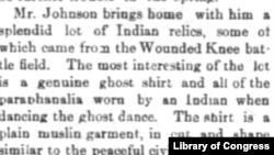 Detail, "From Pine Ridge: Ghost Shirts and Other Relics from the Scene of the Indian War," in The Cheyenne Daily Leader, February 06, 1891.
