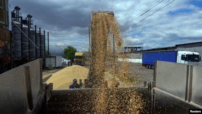 FILE: A worker loads a truck with grain at a terminal during barley harvesting in Odesa region, Ukraine, June 23, 2022, as Russia's attack on its neighbor continues.