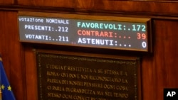 The Italian Senate's billboard green, red and white characters show the final results at the Senate, in Rome, July 14, 2022, after voting a bill on various economic measures.