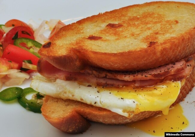 You can make a sandwich from anything. Pictured here is a breakfast sandwich with egg and meat.