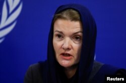 Fiona Frazer, Human Rights Chief within the United Nations Assistance Mission to Afghanistan, speaks during a news conference in Kabul, July 20, 2022.