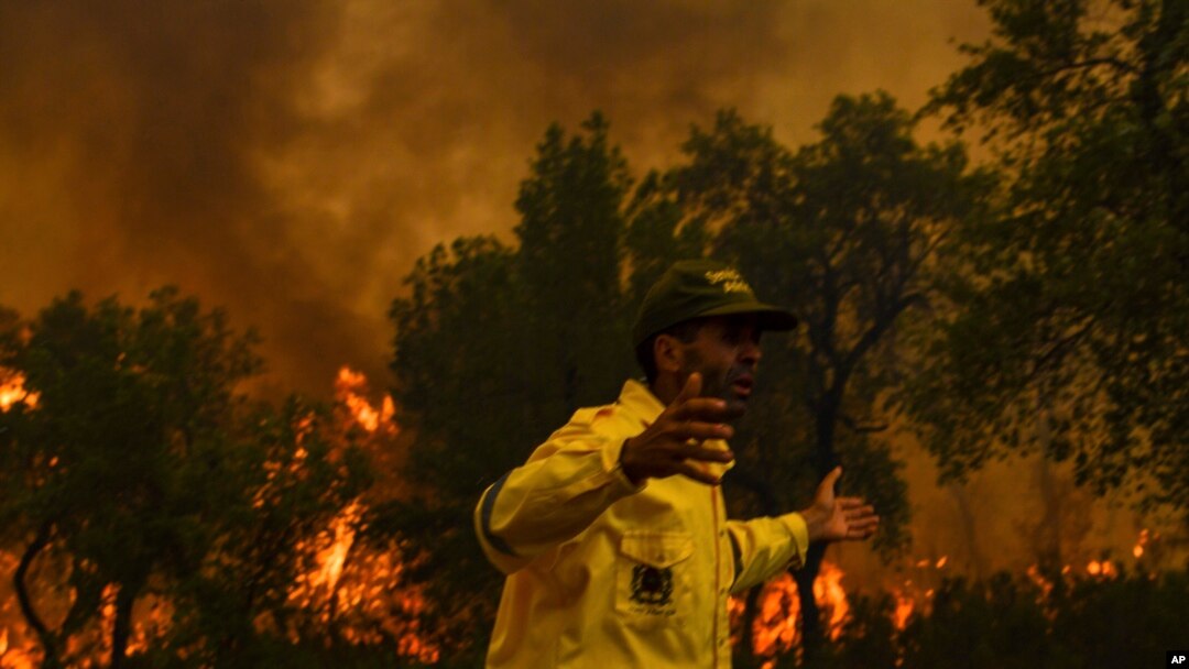 Un pompier réagit alors qu'il tente d'éteindre un incendie de forêt causé par des températures extrêmes à Larache, dans le nord du Maroc, le 15 juillet 2022.