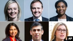 This undated handout combo photo provided by UK Parliament shows the six candidates in the Conservative Party leadership race, top from left, Liz Truss, Tom Tugendhat, Kemi Badenoch, Suella Braverman, Rishi Sunak and Penny Mordaunt.
