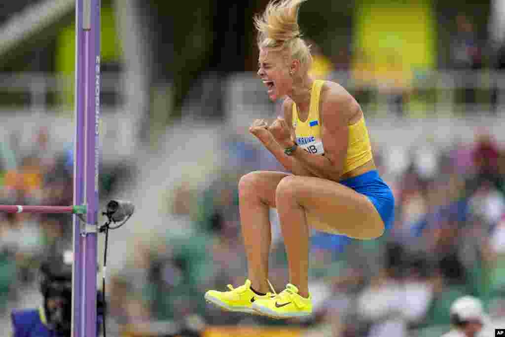 Yuliya Levchenko of Ukraine celebrates during qualifying for the women&#39;s high jump at the World Athletics Championships, July 16, 2022, in Eugene, Oregon.