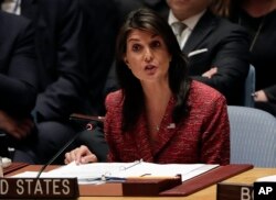 United States Ambassador to the United Nations Nikki Haley speaks during a Security Council meeting, April 10, 2018, at United Nations headquarters.