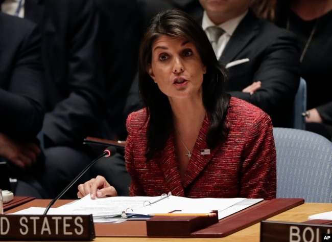 United States Ambassador to the United Nations Nikki Haley speaks during a Security Council meeting, April 10, 2018, at United Nations headquarters.