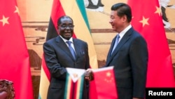 Zimbabwe's President Robert Mugabe (L) and his Chinese counterpart Xi Jinping shake hands during a signing ceremony at the Great Hall of the People in Beijing, Aug. 25, 2014.