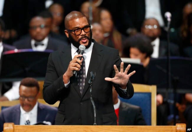 Tyler Perry speaks during the funeral service for Aretha Franklin at Greater Grace Temple, Aug. 31, 2018, in Detroit.