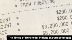 Charles Calvin’s ATM receipt showing a bank balance of $8,200,000. Calvin’s bank believes the error was due to the ATM, the Times of Northwest Indiana reported Monday. April 13, 2020.