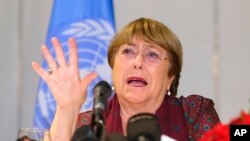 FILE: U.N. High Commissioner for Human Rights Michelle Bachelet speaks to reporters. Taken 8.17.2022