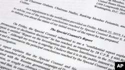 FILE - The letter from Attorney General William Barr to Congress on the conclusions reached by special counsel Robert Mueller in the Russia probe, photographed on March 24, 2019.