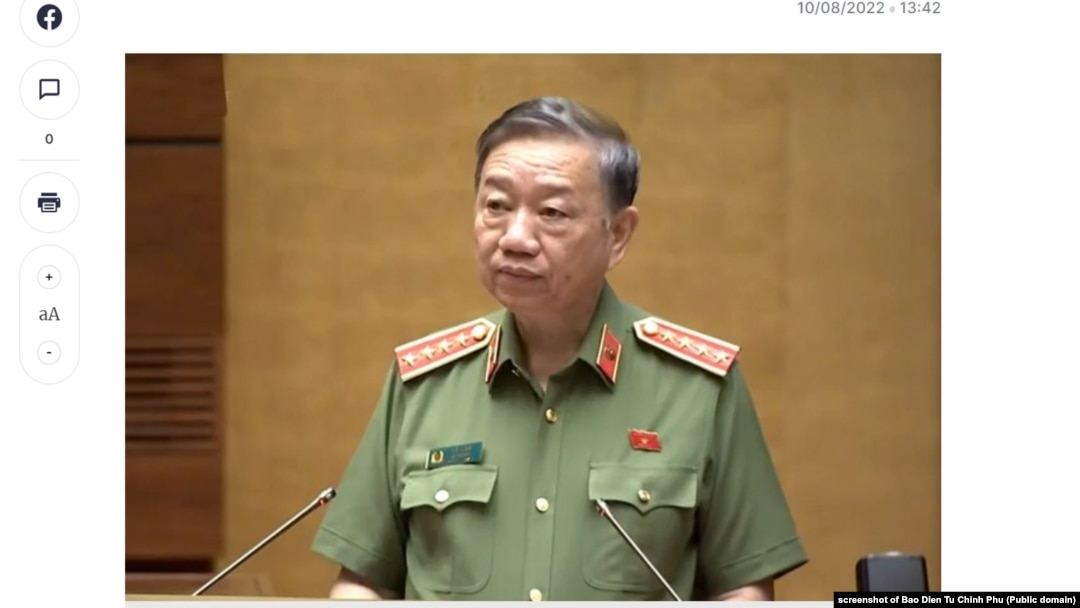 Bộ trưởng Công an Tô Lâm tại Ủy ban Thường vụ Quốc hội, 10/8/2022. Trung ương Đảng Cộng Sản VN ngày 18 tháng Năm, 2024 vừa giới thiệu nhân vật này để được bầu vào vị trí Chủ tịch nước.
