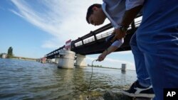 FILE: Rodolfo Laurenti, deputy director of the Remediation Consortium of the Po River, checks the salinity of the river, July 29, 2022. The amount of water entering the delta from the Po River is at an all-time low. 