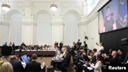 Ukraine's President Volodymyr Zelenskyy speaks via video-link during the Donor Conference for Ukraine at Christiansborg Palace, in Copenhagen, Denmark Aug. 11, 2022.