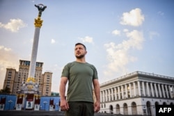 This photo released by the Ukrainian presidential press service on Aug. 24, 2022, Ukraine's Independence Day, shows Ukrainian President Volodymyr Zelensky at Kyiv's "Maidan" Independence Square, on Aug. 23, 2022.