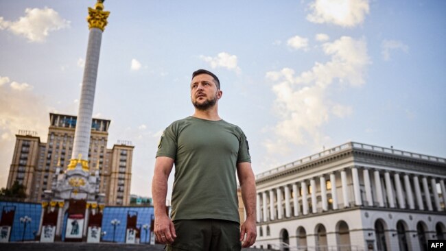 This photo released by the Ukrainian presidential press service on Aug. 24, 2022, shows Ukrainian President Volodymyr Zelensky at Kyiv's "Maidan" Independence Square, on Ukraine's Independence Day, on Aug. 23, 2022