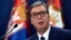 FILE - Serbian President Aleksandar Vucic addresses the nation at a news conference in Belgrade, Serbia, Aug. 21, 2022. 