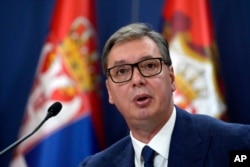 FILE - Serbian President Aleksandar Vucic addresses the nation from Belgrade, Serbia, Aug. 21, 2022. On Dec. 28, 2022, he urged ethnic Serbs in Kosovo to end their protests against the Pristina government.