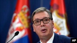 Serbian President Aleksandar Vucic addresses the nation at a news conference in Belgrade, Serbia, Aug. 21, 2022. 