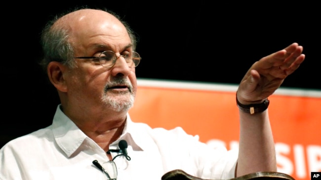 FILE — Author Salman Rushdie talks about the start of his writing career, during the Mississippi Book Festival, in Jackson, Miss., on Aug. 18, 2018.