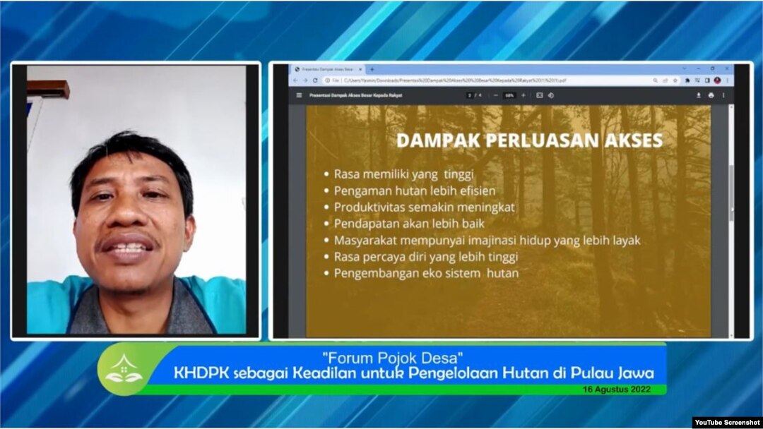 Barid Hardiyanto dari Lembaga Penelitian dan Pengembangan Sumberdaya dan Lingkungan Hidup (LPPSLH) berbicara dalam Webinar Pojok Desa, Selasa (16 Agustus 2022) (Foto :Tangkapan Layar).