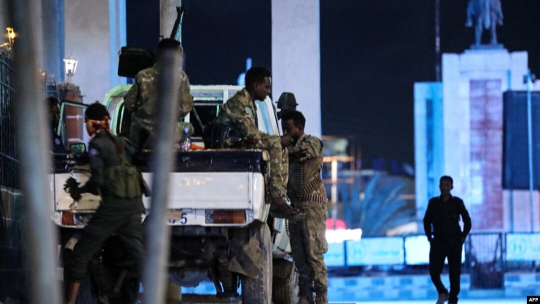 FILE - Security forces patrol near the Hayat Hotel after an attack by Al-Shabaab fighters in Mogadishu, Somalia, on Aug. 20, 2022.