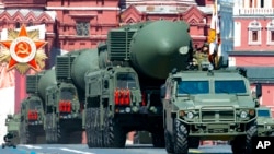 FILE - In this file photo taken on Wednesday, June 24, 2020, Russian RS-24 Yars ballistic missiles roll in Red Square during the Victory Day military parade marking the 75th anniversary of the Nazi defeat in Moscow, Russia.